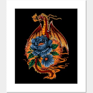 Red dragon with flowers Posters and Art